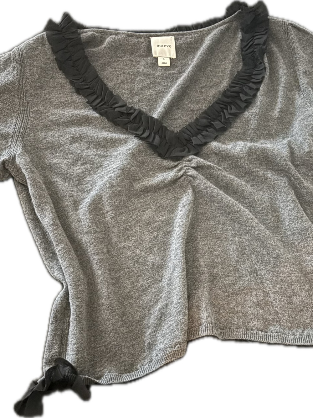 Maeve Gray Sweater Top with Black Ruffle V-Neck and H